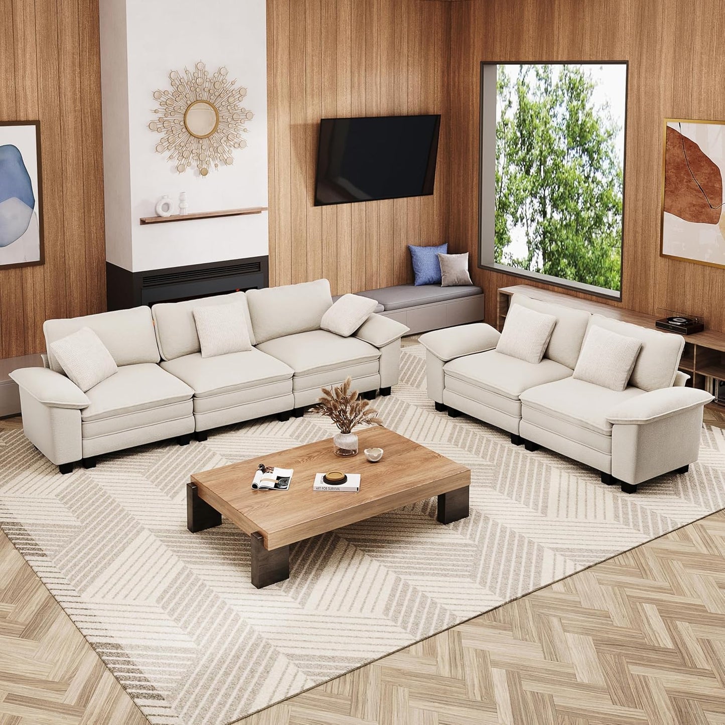 L-Shaped Cloud Modular Sofa Set with Chaise Lounge, 5-Piece Sectional & Deep Seat, Plush Chenille W/Removable Arms for Living Room - Beige