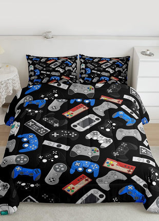 Modern Gamer Bedding Set for Teens, Full Size Down Comforter with Video Game Joystick Design in Black and Blue for Boys and Youth Bedrooms