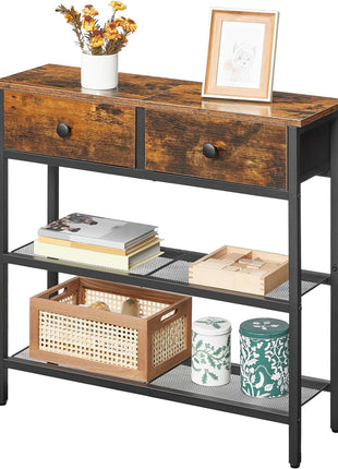 29.5" Narrow Console Table with Dual Fabric Drawers and Three-Tier Storage Shelves, Perfect for Living Room and Hallway, Rustic Brown and Black Finish