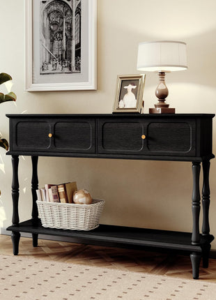 Mid-Century Modern Console Table with Drawers and Open Shelf for Entryway, Living Room, Foyer, and Hallway - Sleek Black Design