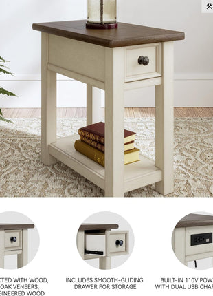 Bolanburg Chairside End Table with Charging Station by Signature Design by Ashley, Two-Tone Wood Accent Table with Drawer Storage and Plank Top in Antique White Finish for Living Room or Bedroom