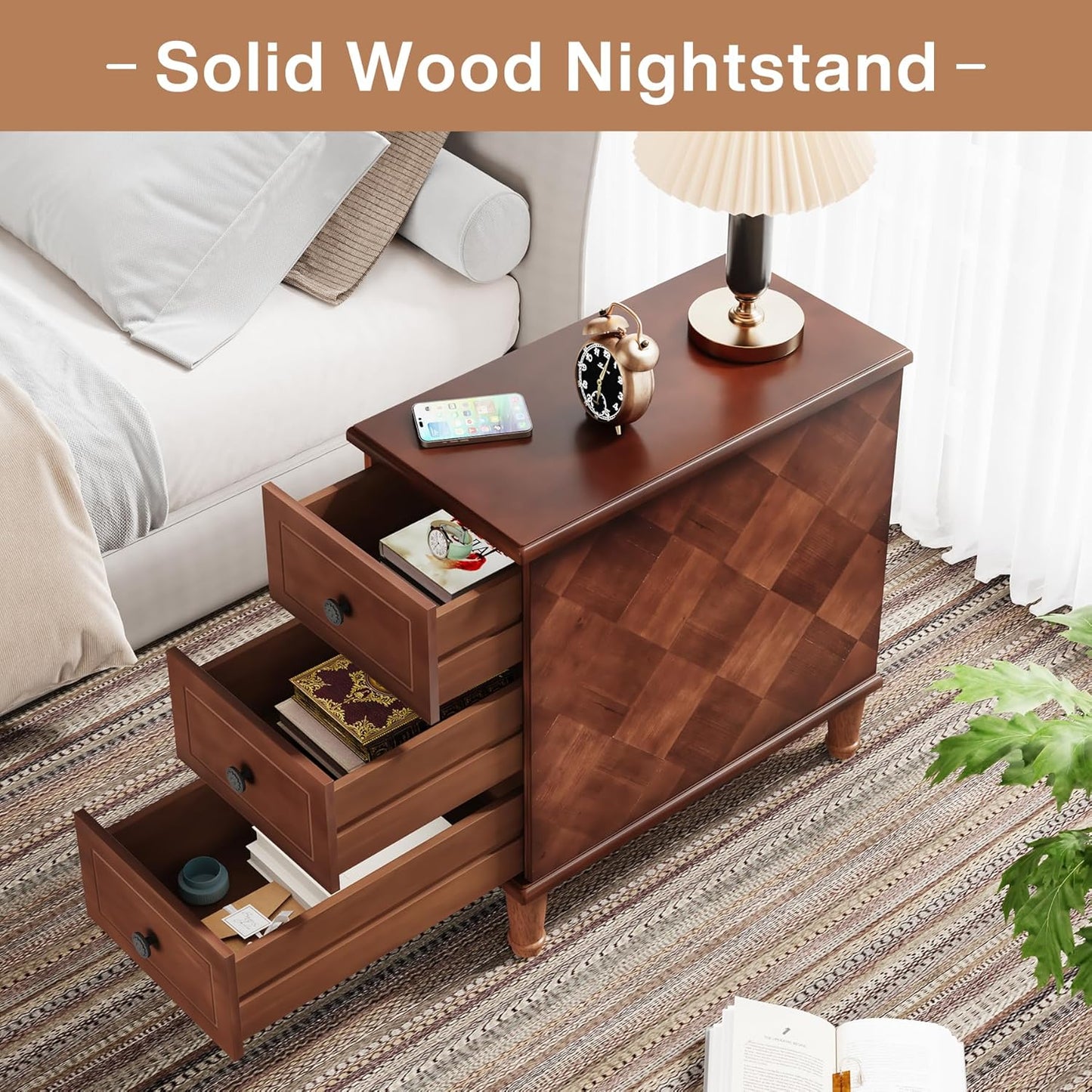 Solid Wood End Table, Fully Assembled Narrow Side Table with Drawers, Pre-Assembled Nightstand Slim Bedside Table for Small Spaces, Living Room, Bedroom, Brown
