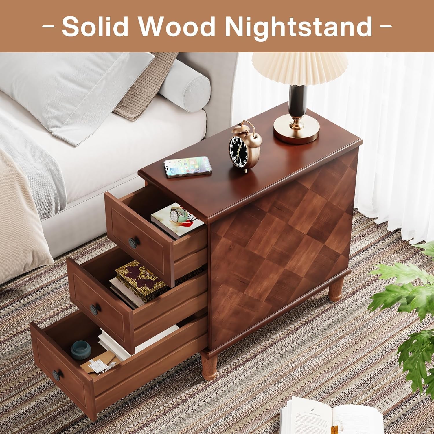 Solid Wood End Table, Fully Assembled Narrow Side Table with Drawers, Pre-Assembled Nightstand Slim Bedside Table for Small Spaces, Living Room, Bedroom, Brown