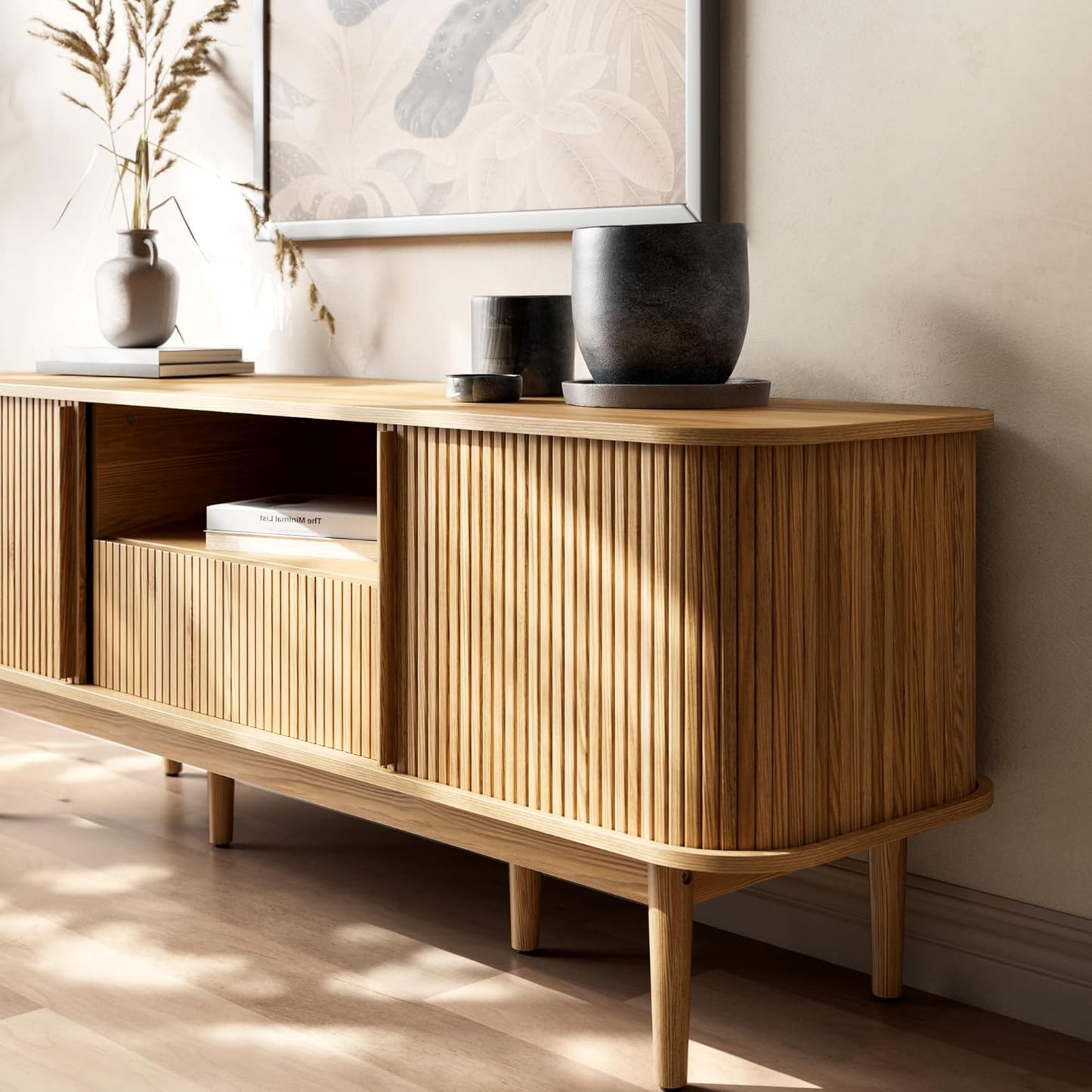 Modern TV Stand for 45/55/70 Inch TV, Entertainment Center with Sliding Doors and Storage, Wood TV Stand for Bedroom, Living Room, Natural