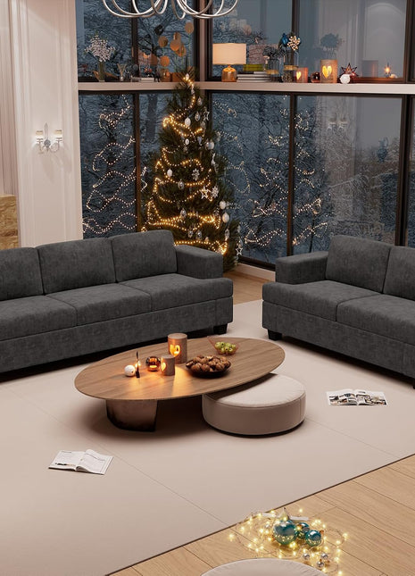 2-Piece Modern Sofa Set: 3-Seater Couch and Loveseat with Deep Seats in Dark Grey Chenille, Ideal for Living Rooms