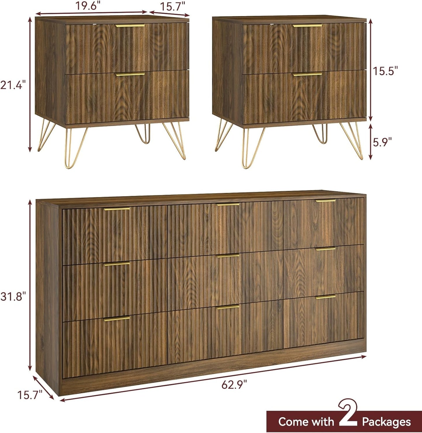 9 Drawer Dresser and Nightstand Sets for Bedroom, 3 Pcs Bedroom Set，Night Stand Set of 2 & 9 Drawer Dresser with Gold Handles, Modern Wood Chest of Drawers Storage Cabinet Set, Natural