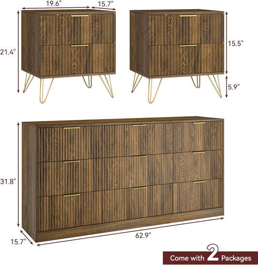 9 Drawer Dresser and Nightstand Sets for Bedroom, 3 Pcs Bedroom Set，Night Stand Set of 2 & 9 Drawer Dresser with Gold Handles, Modern Wood Chest of Drawers Storage Cabinet Set, Natural