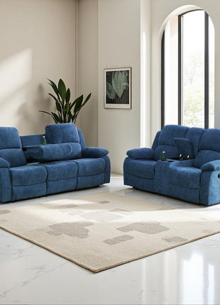 2-Piece Manual Recliner Sofa Set with Cup Holders and Storage Console, 3-Seater and 2-Seater Fabric Couches for Living Room, Meeting Room, or RV - Blue