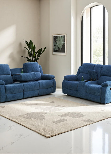 2-Piece Manual Recliner Sofa Set with Cup Holders and Storage Console, 3-Seater and 2-Seater Fabric Couches for Living Room, Meeting Room, or RV - Blue