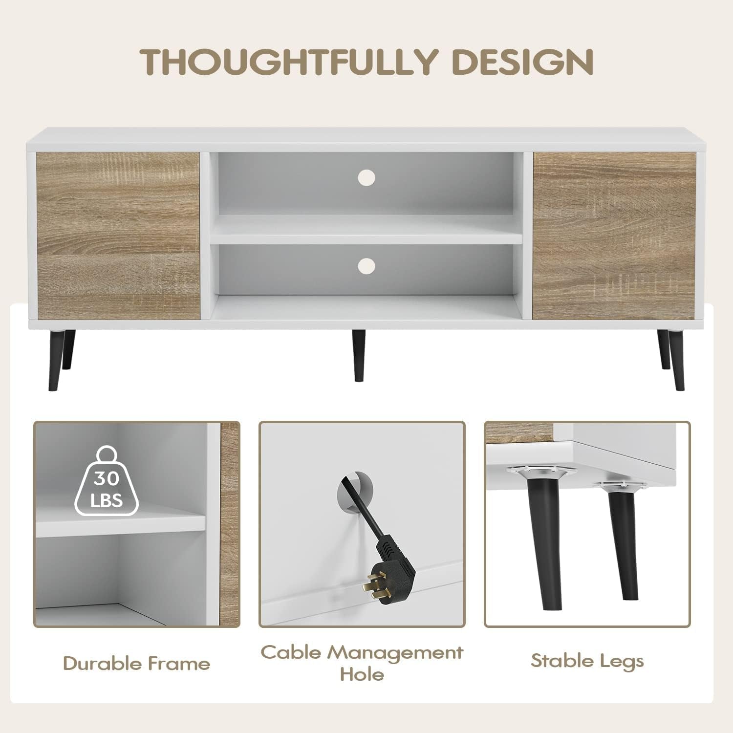 Modern TV Stand for 65" Television, Entertainment Center with Two Storage Cabinets and Open Shelves, Retro Style Media Console for Living Room, Bedroom, Office, 58 Inch, White and Beige