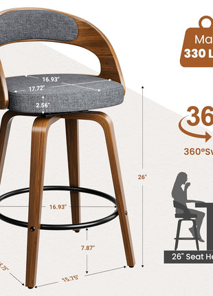 Set of 4 Mid-Century Modern 26" Upholstered Linen Fabric Swivel Bar Stools with Bentwood Legs and Back for Kitchen Island and Dining Room, Grey