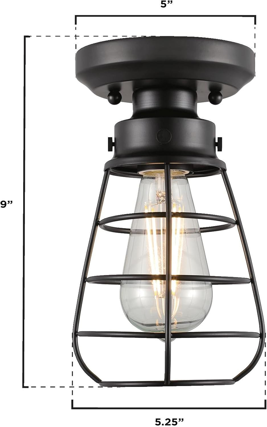 6130700 Bandera Vintage-Style 5 Inch, One Light Semi-Flush Mount Ceiling Fixture, Matte Black Finish, Cage Shade