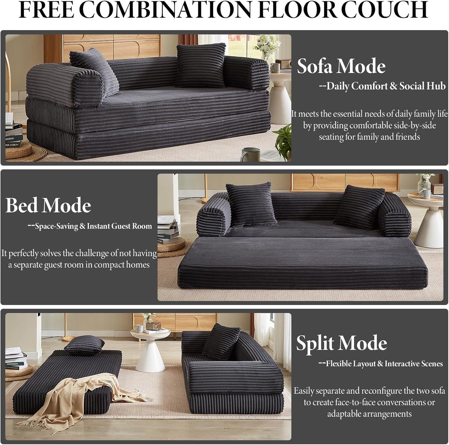 78 Inch Convertible Futon Sofa Bed,Folding Boneless Couches with Sleeper Sofa,Fold Out Floor Sofa Couch with Deep Seat,Cloud Corduroy Foldable Mattress Couch for Living Room (Dark Grey)