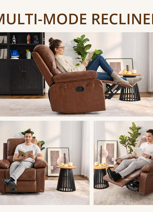 360° Swivel Rocking Leather Recliner Chair for Adults - Overstuffed Manual Recliner with Spring Cushion, Nursery Glider Sofa with Side Pockets in Camel