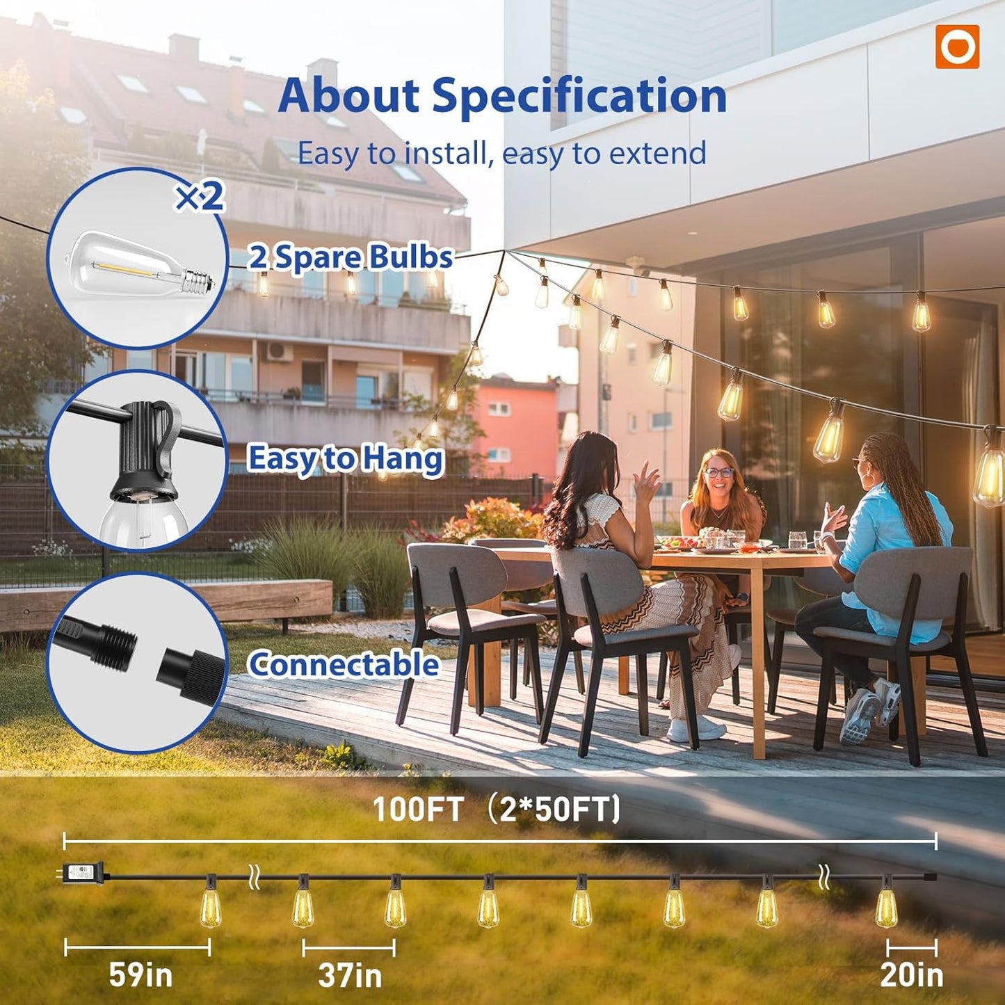 100FT LED Outdoor String Lights with Remote Waterproof Patio Lights with Shatterproof ST38 Replaceable Bulbs, Dimmable outside Hanging Light Connectable for Porch, Backyard, 2200K