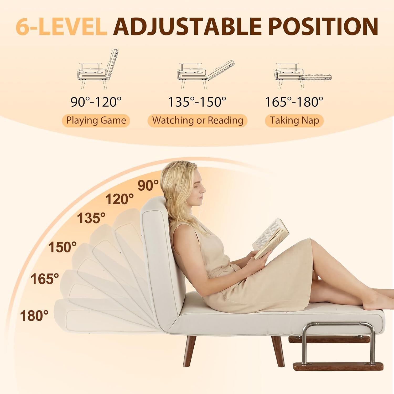 SUIYIMU Folding Chair Bed, 3-In-1 Convertible Sleeper Chair Bed, Futon Chair with 6-Level Adjustable Backrest for Guest Room Apartment Dorm, Cream Beige-Walnut