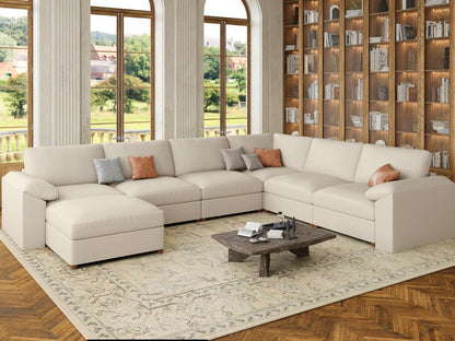 Faux Leather Sectional with Ottoman, Oversized Modular Couch, Modular Sectional Sofa with Deep Seat, Scratch Resistant Faux Leather Material, U Shaped Couch for Big Spaces, Beige
