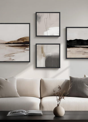 Framed Neutral Abstract Wall Art Set - 4-Piece Modern Landscape Canvas Prints for Home and Office Decor in Black and Gray
