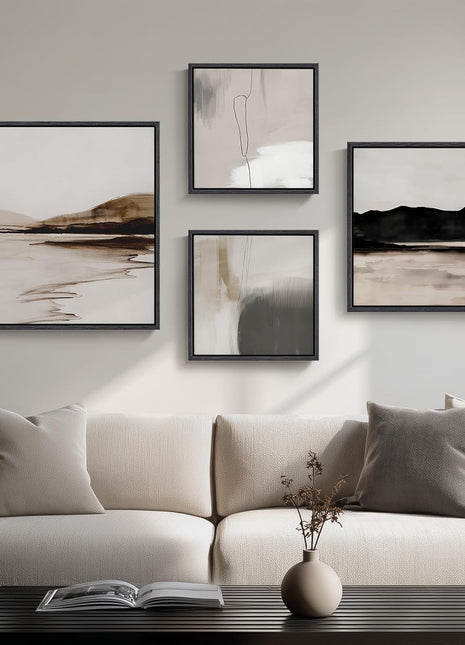 Framed Neutral Abstract Wall Art Set - 4-Piece Modern Landscape Canvas Prints for Home and Office Decor in Black and Gray