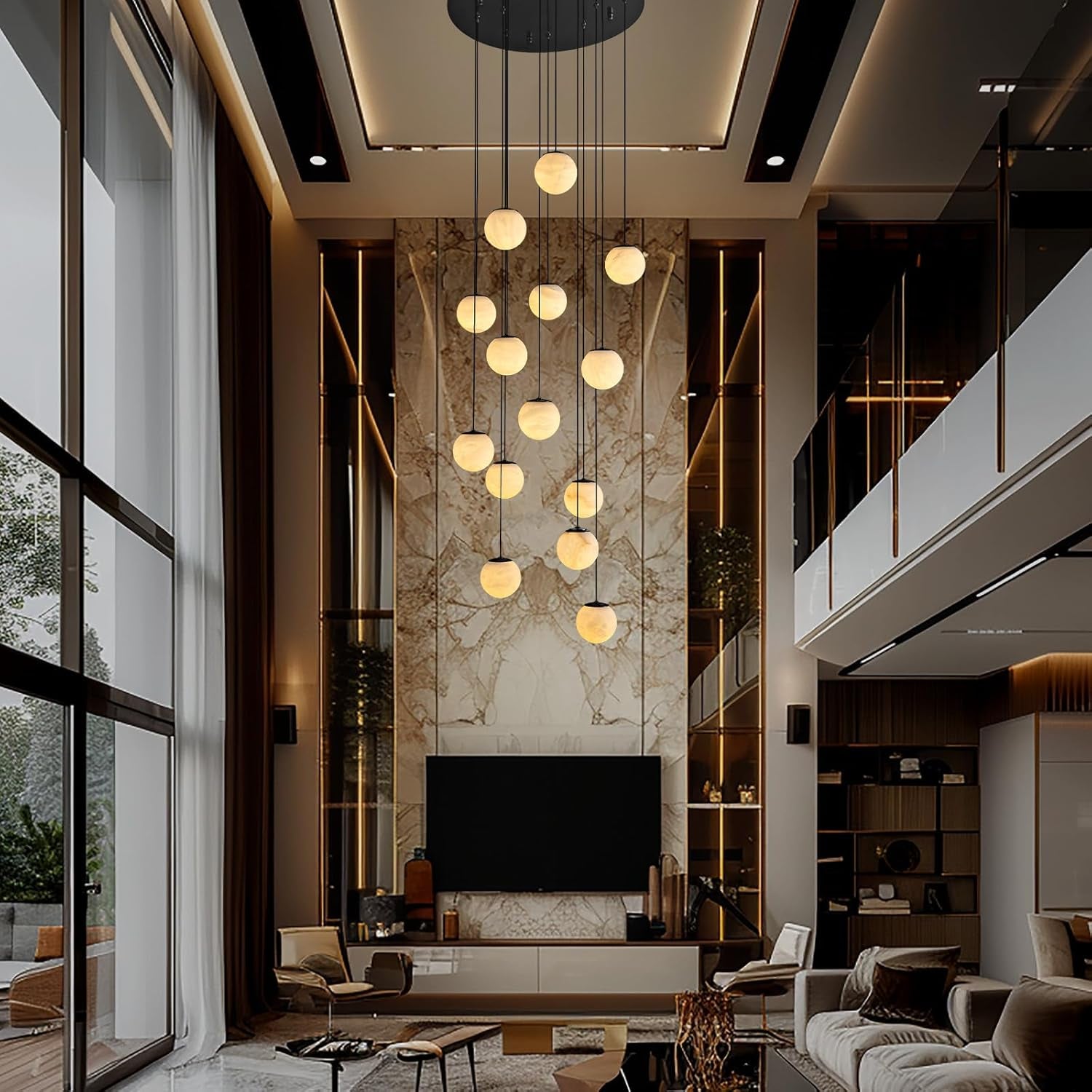 Black Alabaster Staircase Chandelier, 14-Light Modern Marble Pendant Light for High Ceiling Foyer, Luxury Statement Fixture for Entryway & Living Room
