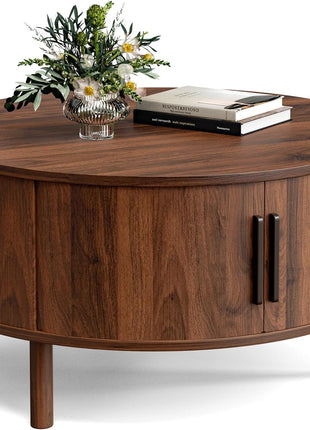 Contemporary Round Coffee Table with Storage Cabinets and Sliding Doors for Compact Living Areas, 29.9" Fluted Walnut Centerpiece