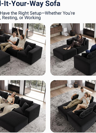 141" 6-Seat Modular Sectional Sofa in Stylish Black Corduroy – Zero Assembly Required, Ideal for Family Gatherings