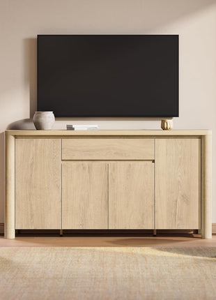 63" Sideboard Cabinet with Storage, Four-Door Buffet Cabinet with Drawer and Adjustable Shelves, Contemporary Wood Credenza Coffee Bar for Living and Dining Rooms, Natural Oak Finish