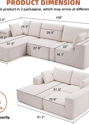 108-Inch Modular Sectional Sofa in Beige with Left-Facing Chaise, Deep-Seated Modern L-Shaped Upholstered Couch for Living Room or Bedroom