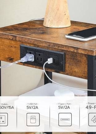 Rustic Brown Side Table with Integrated Charging Station and USB Port, Compact 3-Tier Nightstand with Adjustable Shelf for Living Room, Bedroom, and Balcony, Model BF112BZ01