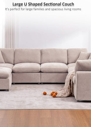 Oversized Modular U-Shaped Sectional Sofa with Ottoman - 7-Seater Modern Corner Couch in Beige Chenille for Living Rooms and Offices