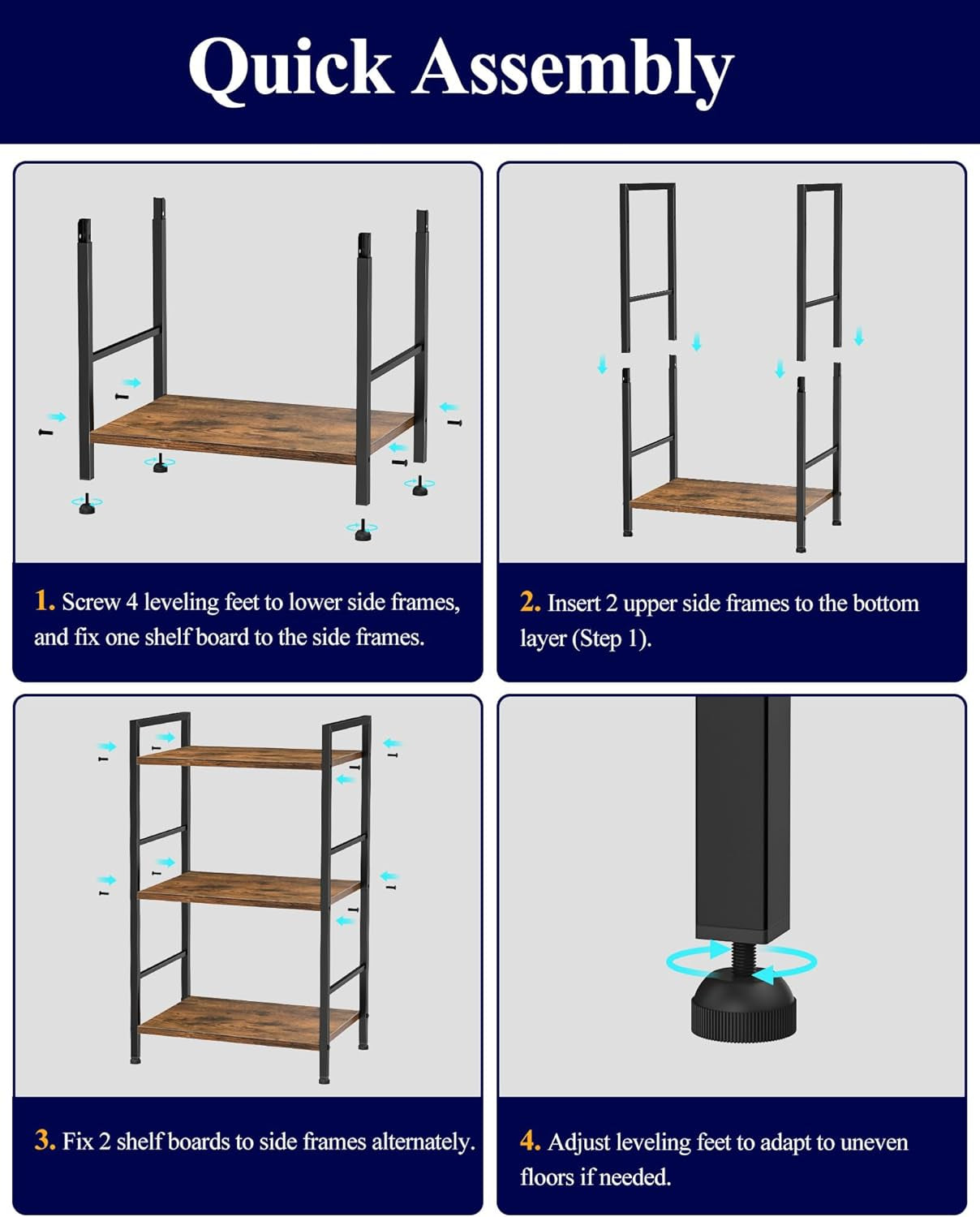 3-Tier Book Shelf - Wood & Metal Bookshelf with Handle & Adjustable Feet, Lightweight Bookcase for Living Room, Bedroom, Kitchen, Office or Dorm (16.5"×11.0"×28.1")
