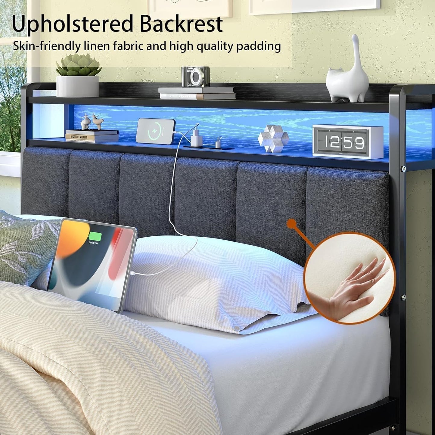 Queen Bed Frame with LED Lights and Charging Station, Metal Platform Bed Frame Queen Size with Upholstered Storage Headboard, Heavy Duty Metal Slats, No Box Spring Needed, Easy Assembly, Dark Grey