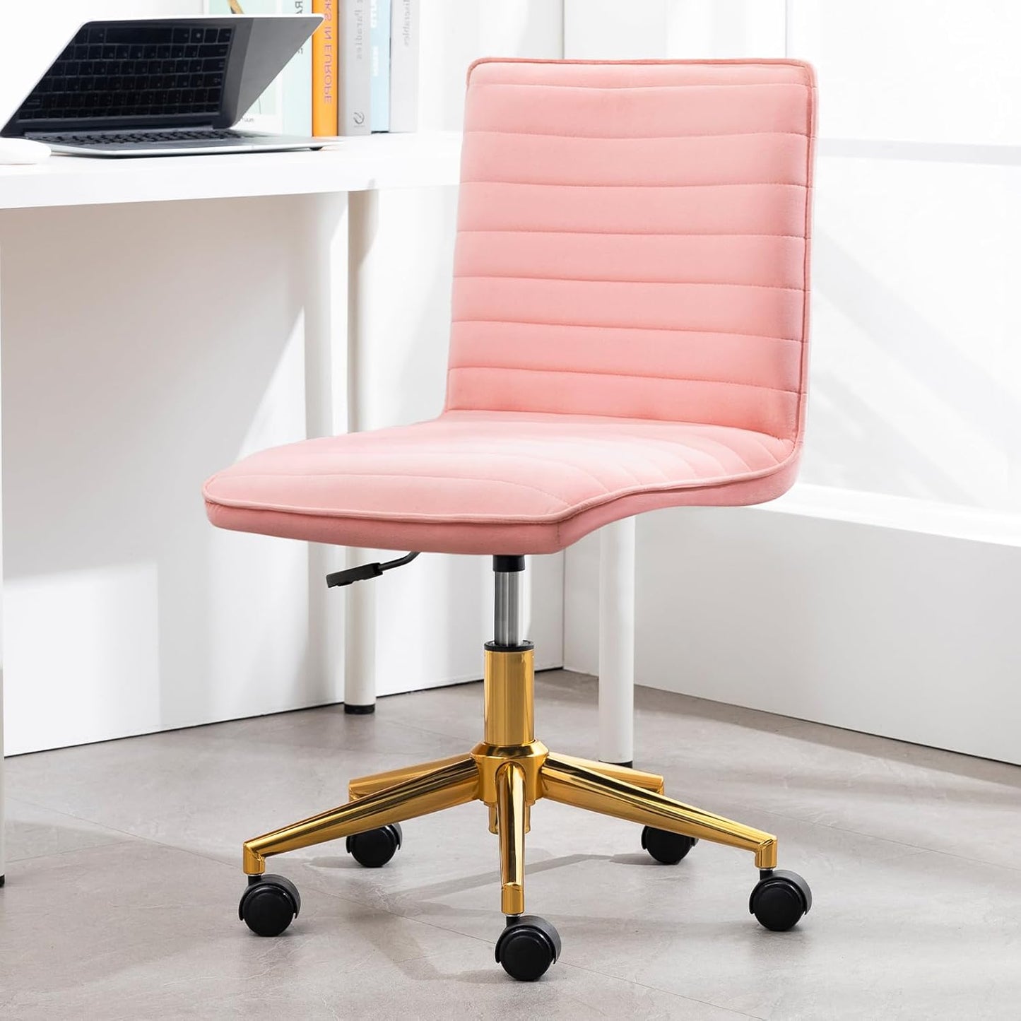 Armless Vanity Chair with Wheels, Computer Rolling Desk Chair with Back, Pink Office Chair with Height Adjustable Soft Velvet Fabic Gold Metal Base Stool,Pink