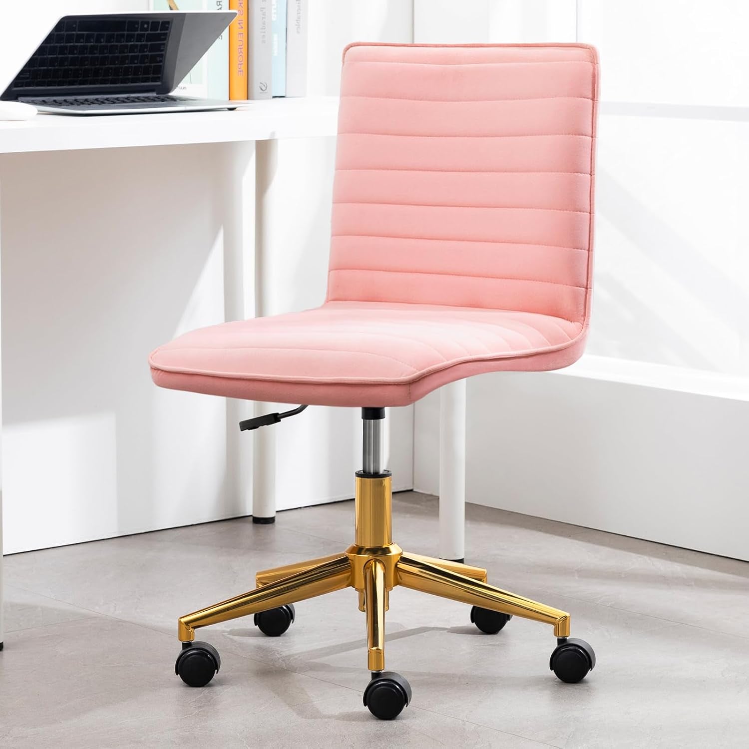 Armless Vanity Chair with Wheels, Computer Rolling Desk Chair with Back, Pink Office Chair with Height Adjustable Soft Velvet Fabic Gold Metal Base Stool,Pink