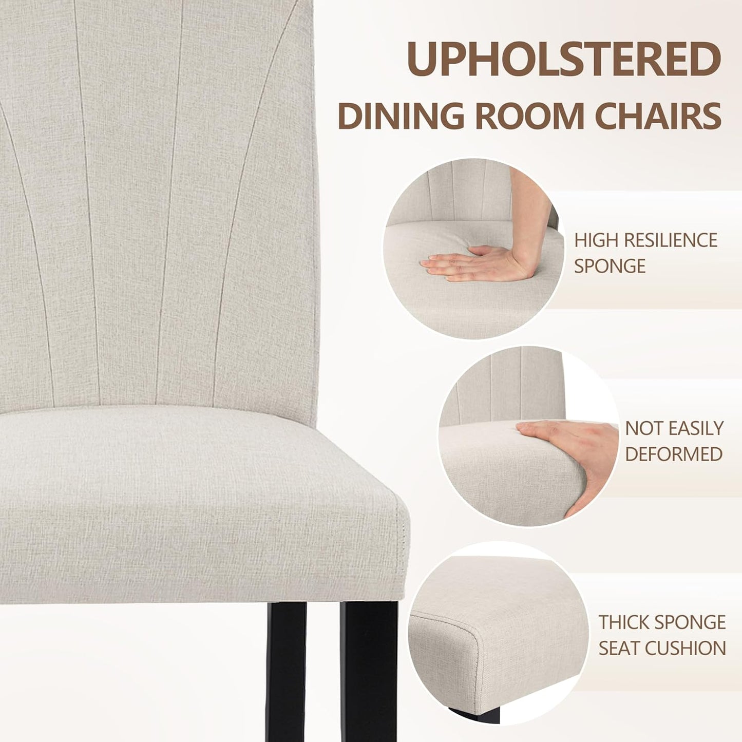 Upholstered Dining Chairs Set of 6, Modern Fabric and Solid Wood Legs & High Back, Parsons for Kitchen/Living Room- Beige