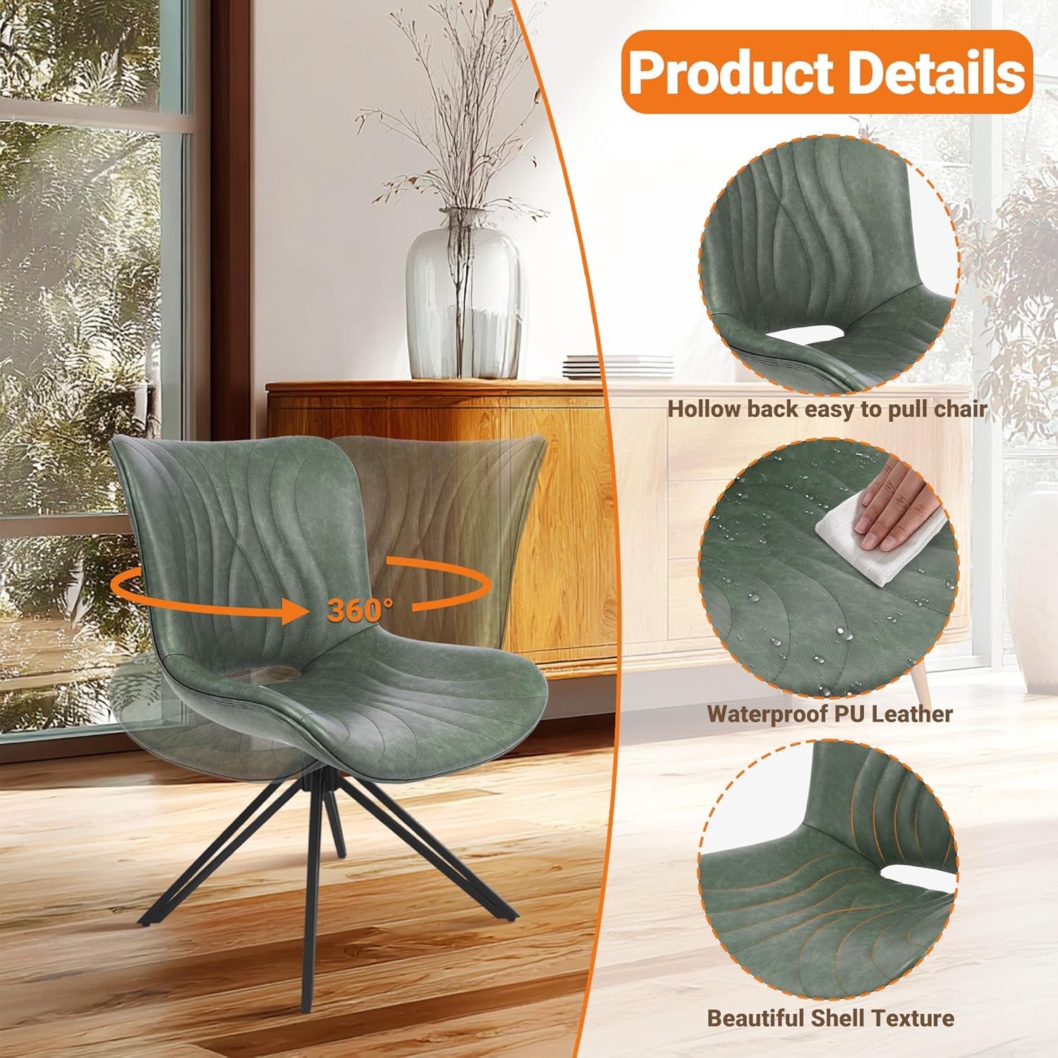 Dining Chairs Set of 4, 360° Swivel Upholstered Mid-Century Modern Kitchen Dining Room Chairs, Armless Faux Leather Accent Side Chair with Padded Back,Metal Legs for Living Room Bedrooms,Green