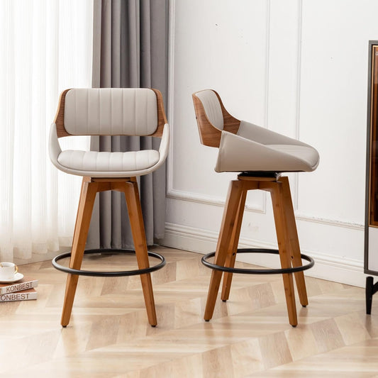 Swivel Bar Stools Set of 2 Mid Century Modern Faux Leather Upholstered Bar Height Barstools,Kitchen Island Wooden Bar Chairs,29.5-Inch Armless Counter Stools with Wood Back and Legs,Gray