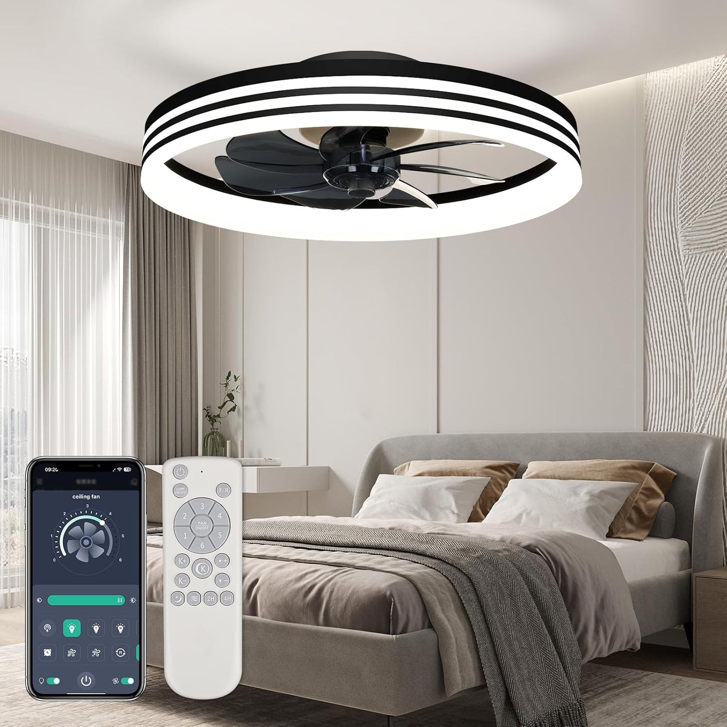Ceiling Fans with Lights, 20'' Ceiling Fans with Lights and Remote, Low Profile Ceiling Fan with Light, 3 CCT & Dimmable, 6 Fan Speed, Remote&App Control Ceiling Fan for Bedroom, Living Room, Kitchen