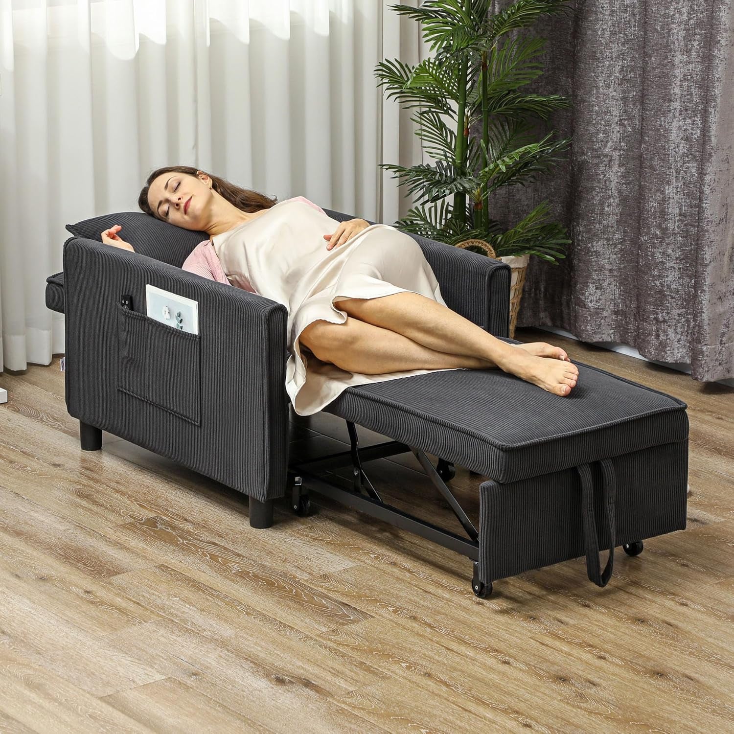 3-In-1 Convertible Chair Bed, Multi-Functional Single Sofa Bed, Pull Out Sleeper Chair with Adjustable Backrest, Pillow, and Pockets for Apartment, Living Room, Dark Gray