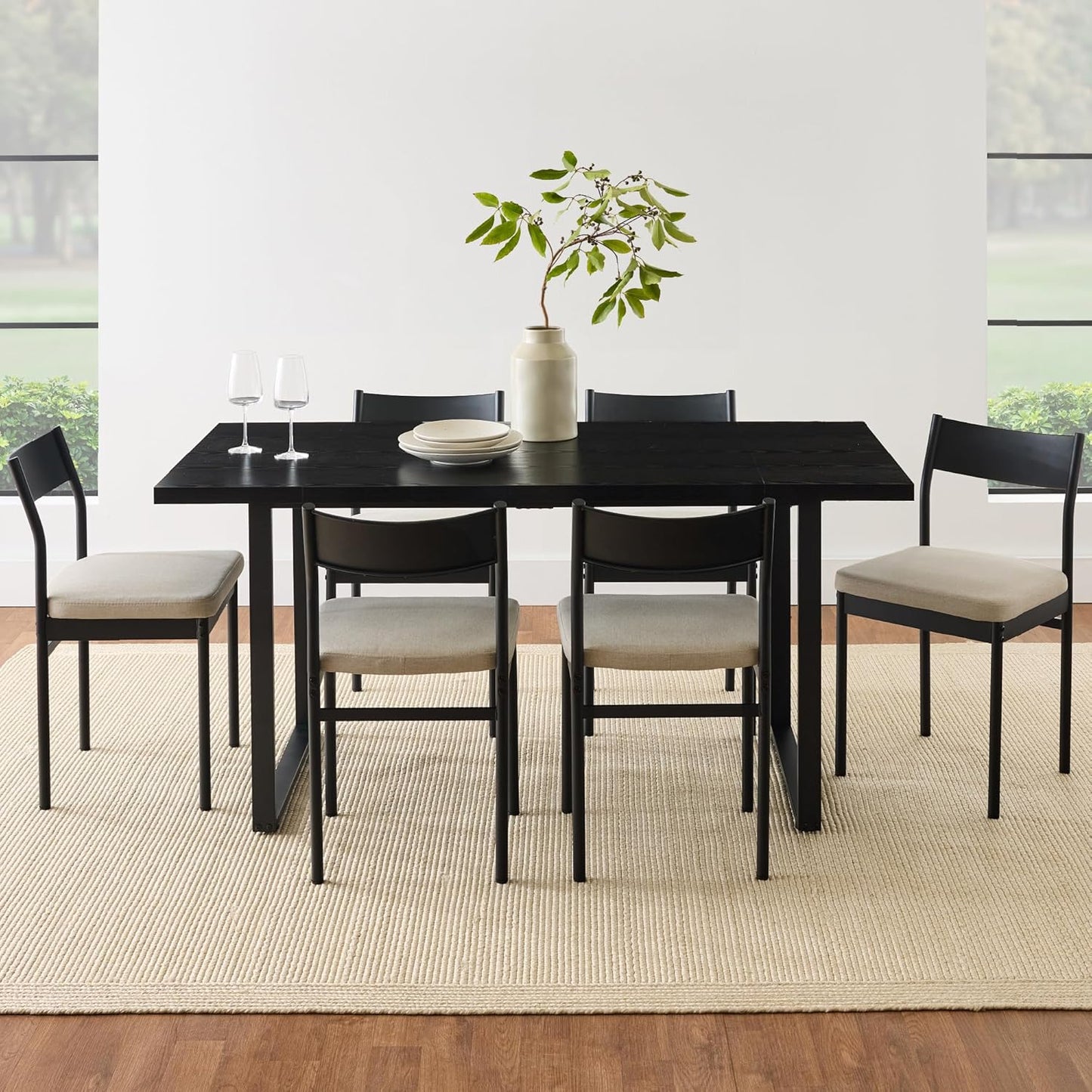 7-Piece Modern Dining Room Set, Kitchen Table Set, Dining Table W/ 6 Chairs, Upholstered Cushions, Solid Metal Frame, Curved Backrest - Black/Ivory