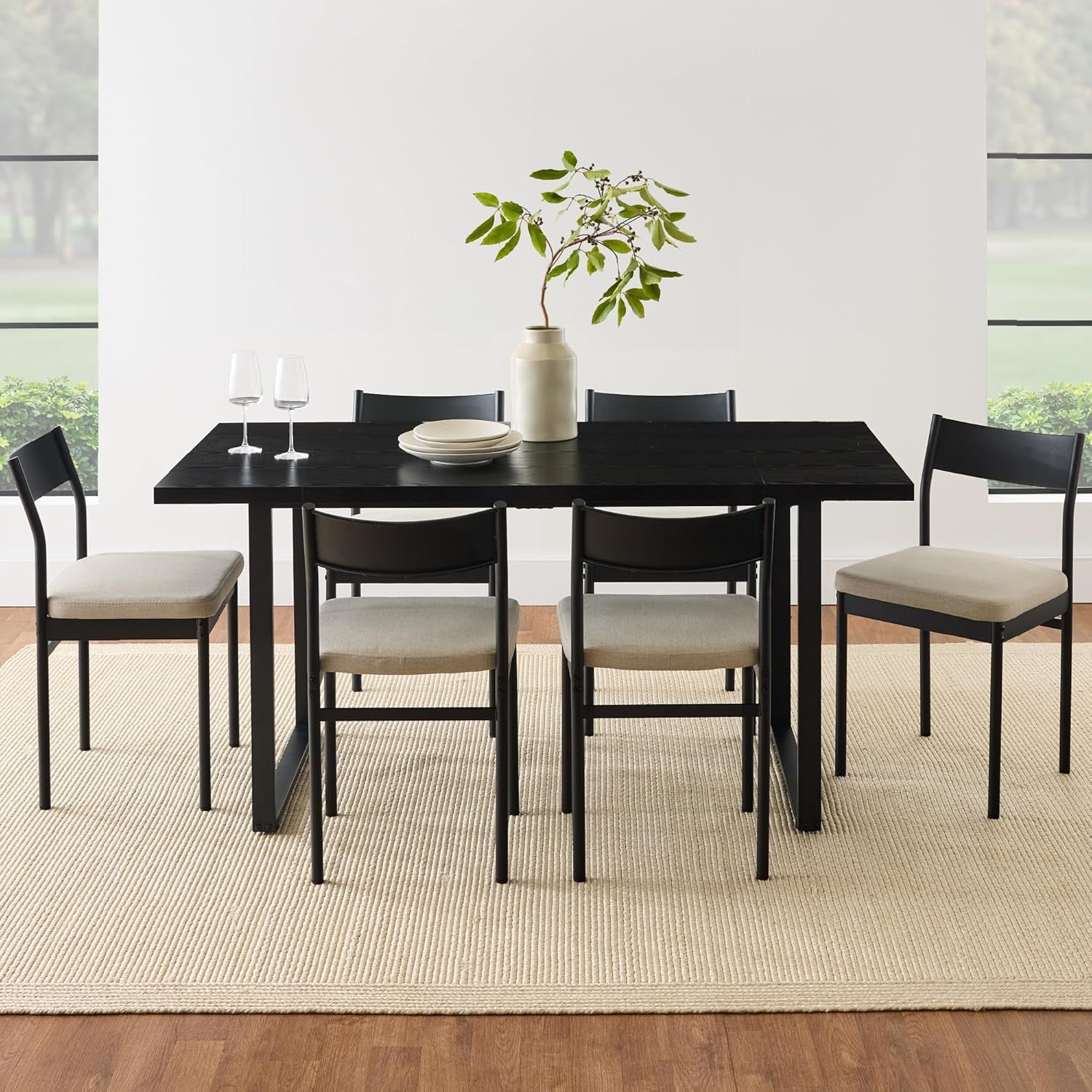7-Piece Modern Dining Room Set, Kitchen Table Set, Dining Table W/ 6 Chairs, Upholstered Cushions, Solid Metal Frame, Curved Backrest - Black/Ivory
