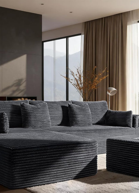 108" Cloud Sectional Sofa - U-Shaped Boneless Design, Extra Deep Seats, No Assembly Required, Minimalist Modular Style, Dark Grey Corduroy (2 Seater + Left Facing Chaise + Ottoman)