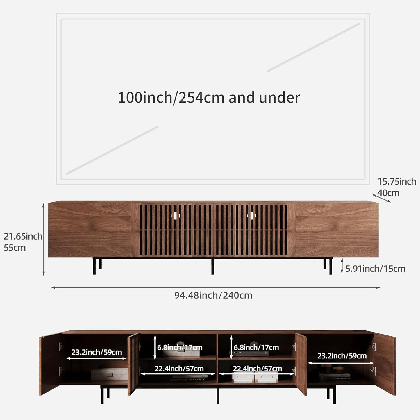 94.48" Mid Century Modern TV Stand for Tvs up to 70"-90",Tv Console with 4 Storage Cabinets, Media Furniture for Living Room or Bedroom,Walnut