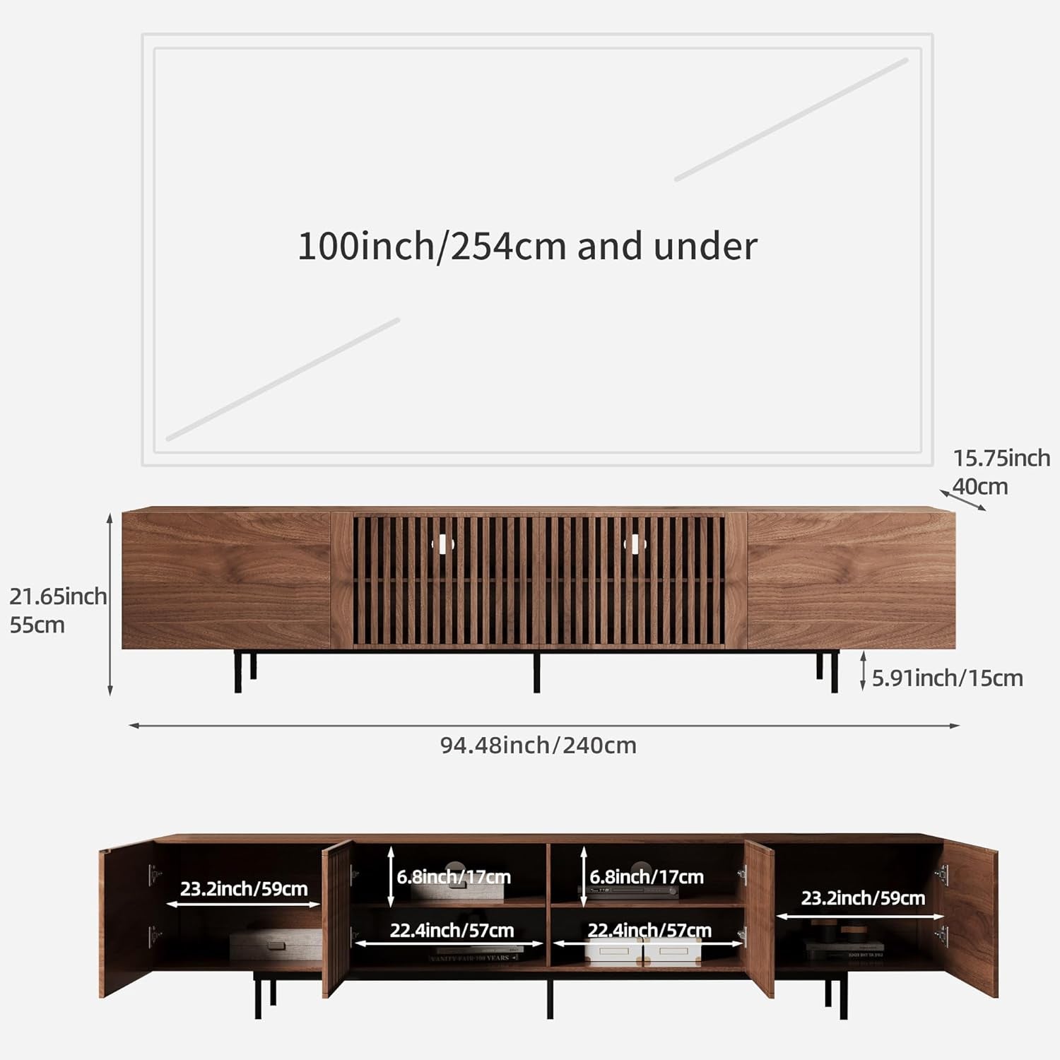 94.48" Mid Century Modern TV Stand for Tvs up to 70"-90",Tv Console with 4 Storage Cabinets, Media Furniture for Living Room or Bedroom,Walnut
