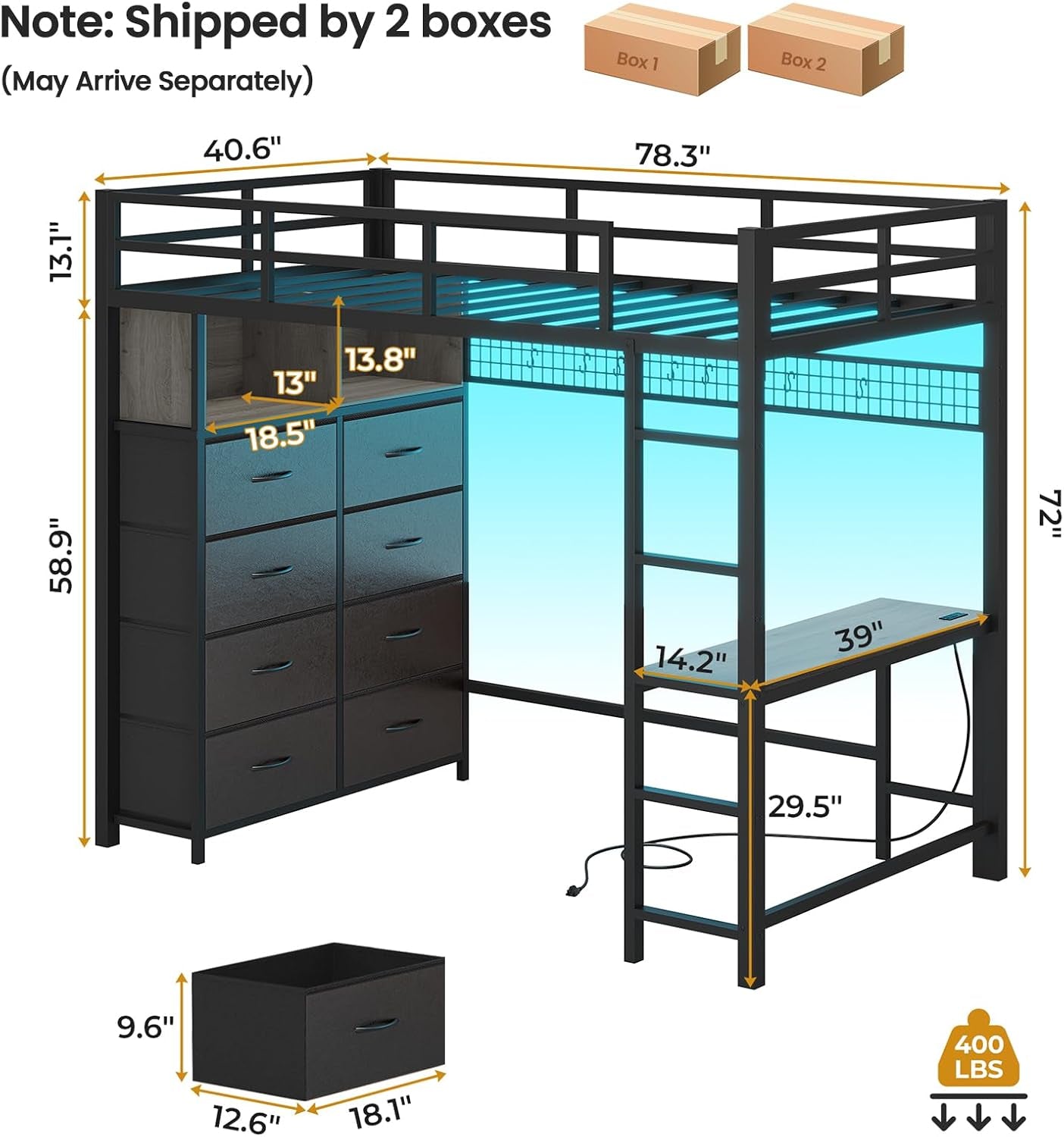Twin Size Loft Bed with Desk and 8 Storage Drawers, Metal Loft Bed Twin with LED Lights & Charging Sation, Storage Shelves, 13.1" H Safety Guard & Ladder, No Box Spring Needed, Grey