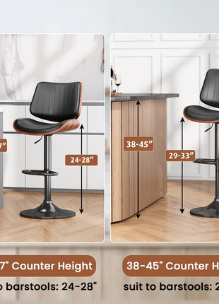 Set of 2 Adjustable Swivel Bar Stools in Mid-Century Modern Bentwood Design with PU Leather Upholstery, Backrest, and Footrest - Perfect for Kitchen Counter, Bar, or Dining Room, Black