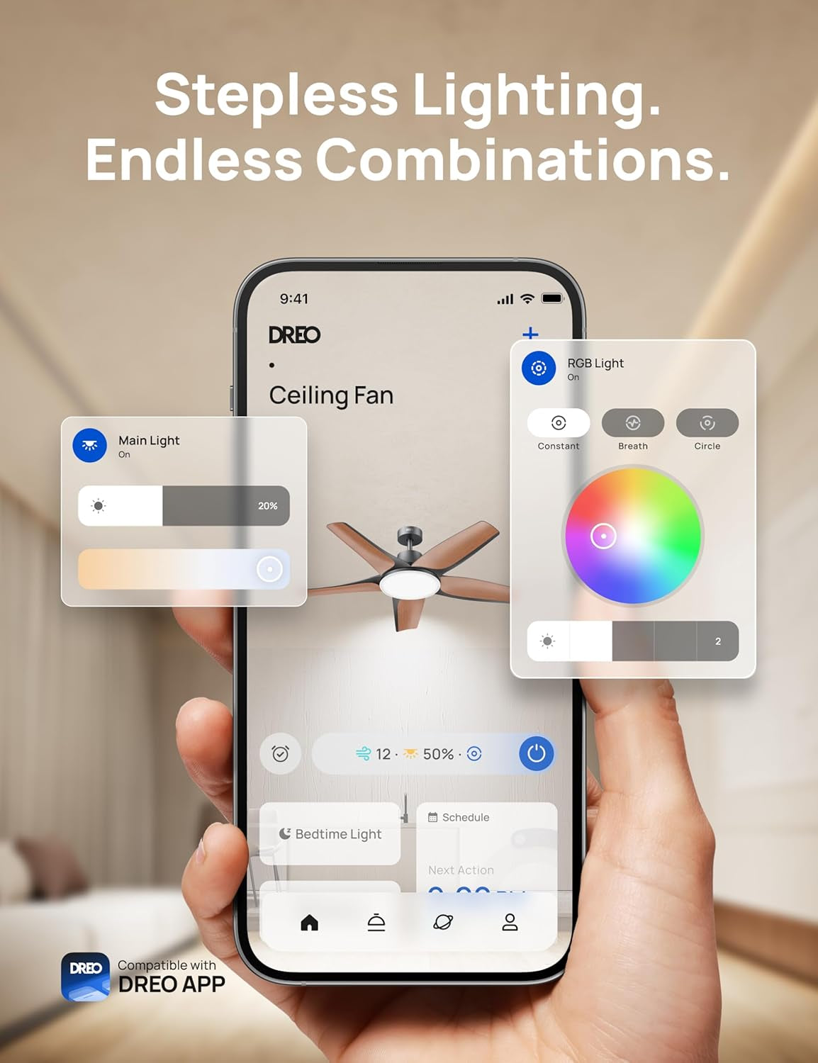 Smart Ceiling Fans with Lights, Low Profile Ceiling Fan with Alexa/App, 52'' Dimmable Lighting & Color Tuning, RGB Ambient Light for Living Room, Game Room, Easy Installation, Quiet, Black