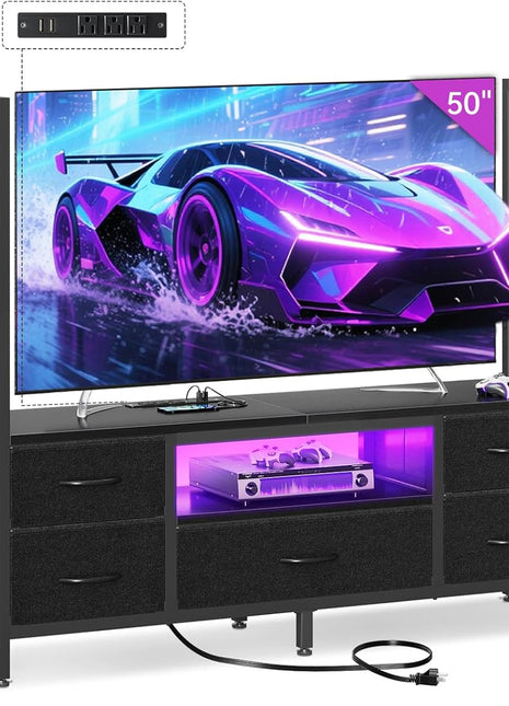 Sleek Low-Profile TV Stand for 40-55 Inch TVs with LED Lighting and Power Outlets, Includes Drawers and Open Shelves for Compact Storage, Perfect for Living Rooms and Gaming, Black