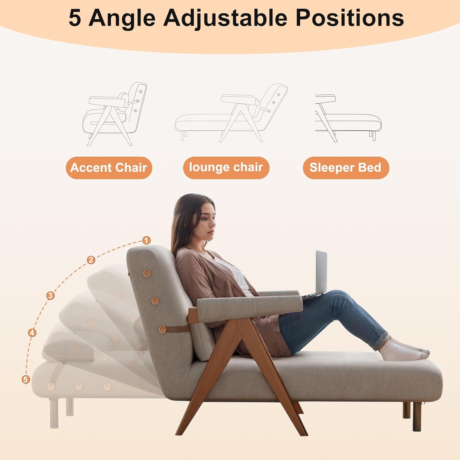 3-In-1 Sleeper Chair for Reading,Convertible Sofa Pull Out Couch Bed for Adults,Adjustable Backrest,Space-Saving,Fit for Living Room, Bedroom Office(W31.2X31.8Hx31.8D Inch)