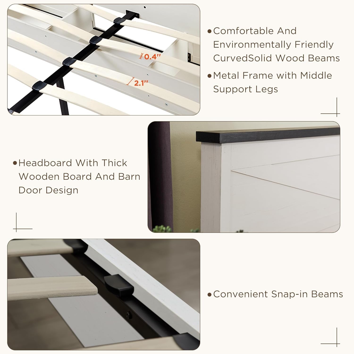 3 Pieces Farmhouse Bedroom Set-Queen Size Bed with 2 Nightstands of Sliding Barn Door Storage Cabinets, Solid Wood Slats Support, Noiseless, No Box Spring Needed, off White